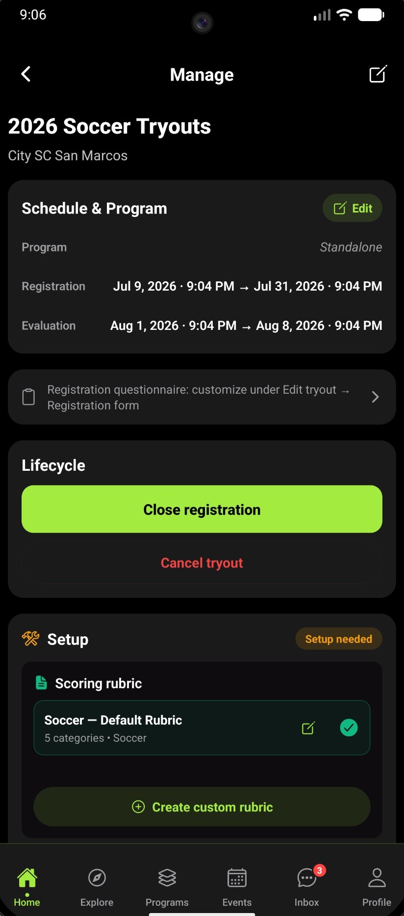 Sport Loop tryout management